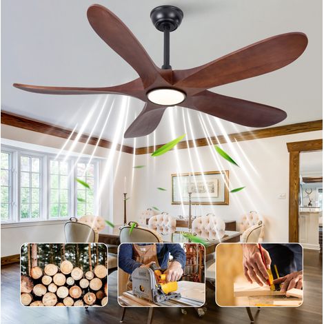 Ventilateur de plafond 132 cm avec éclairage, télécommande, 5 pales en bois massif, moteur silencieux, noir et noyer (1/5)