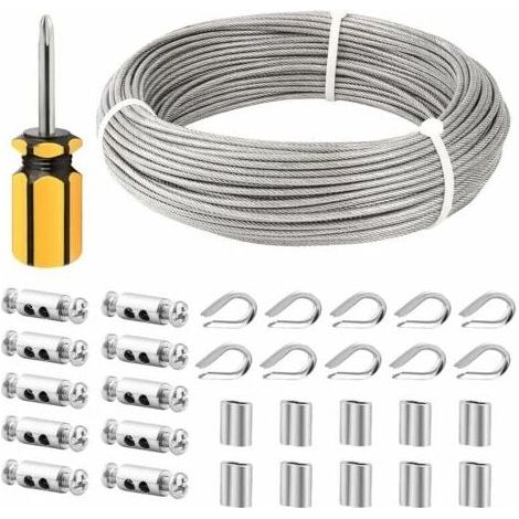 mm Edelstahlkabel, 50 m/3 mm Edelstahlseil, beschichtetes Stahlkabel mit Kabelklemmen, M3-Hülsen, Edelstahlkauschen, 3 mm Drahtseil für Wäscheleine, Leitplankenkabel  FLITI