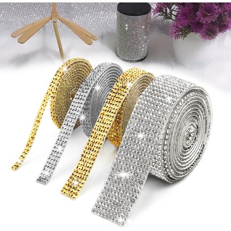 4 rouleaux de stickers cristal strass autocollants, pierres scintillantes autocollantes, bande diamantée DIY, 4 rouleaux en 4 tailles (blanc et or) (1/5)