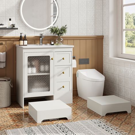 Meuble lave-mains MDF blanc 80x50x87 cm avec vasque en céramique, tabouret 2-en-1 intégré et LED