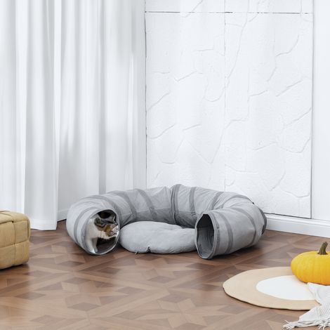 Tunnel pour chat intérieur rond tunnel avec lit et coussin, pliable, avec trous pour balles et judas, Ø 90 x 27 cm gris