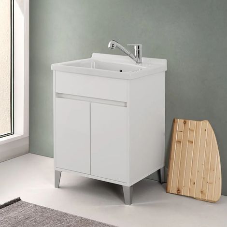 Mobile lavatoio 60x50 bianco lucido Way con vasca in ceramica Dolomite (1/5)