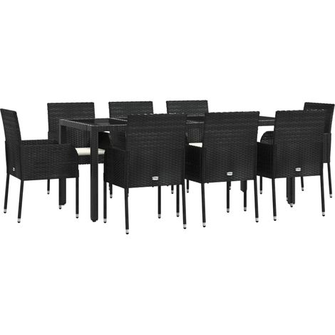 Mobile da pranzo da giardino in 9 pezzi e cuscini in resina intrecciata nera 020014841