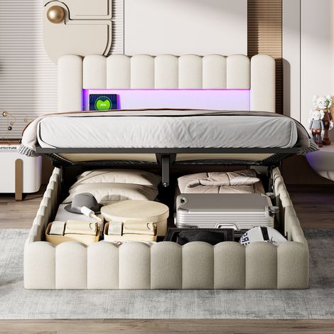 Lit coffre 180x200 cm, avec lumière LED, espace de rangement hydraulique, recharge USB-A/C, forme en grille, sommier à lattes, lit double capitonné en lin - Beige