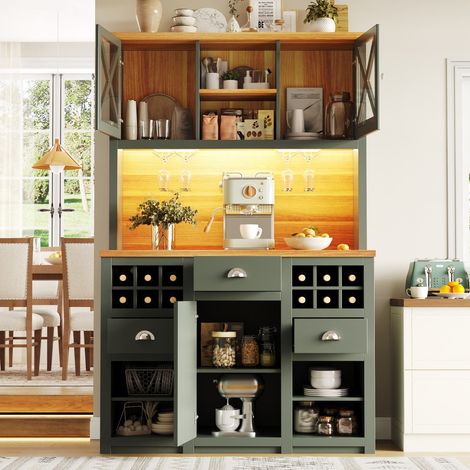 Buffet cuisine 120x45x188 cm vert, portes vitrées LED, casier à vin, étagères réglables, armoire haute et enfilade de rangement