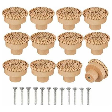 Set of 12 natural rattan furniture knobs – 40mm x 30mm – Handcrafted – Screws included for easy installation (1/5)