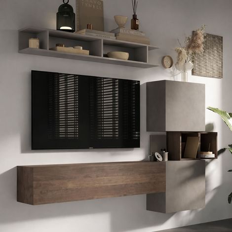 Dmora - Parete attrezzata Scandarello, Composizione soggiorno, Mobile salotto multiuso, Armadio porta TV, Made in Italy, 215x30 h190 cm, Noce e Grigio (1/4)