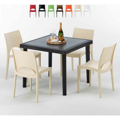 Table Carrée Noire 90x90cm Avec 4 Chaises Colorées Grand Soleil Set Extérieur Bar Café Paris Passion - Beige