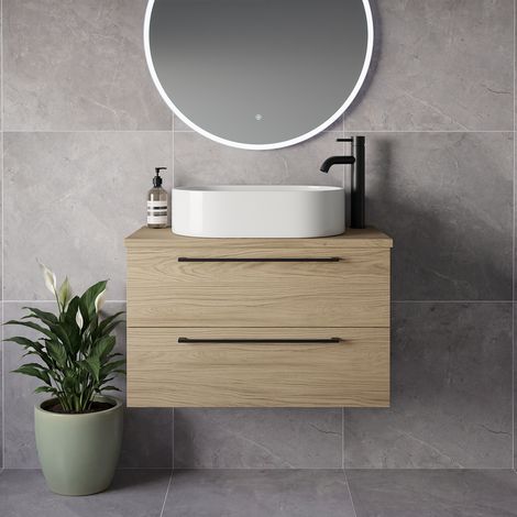 Napoli 390 Light Oak 800mm Wall Mounted 2 Drawer Vanity Unit for Countertop Basins - 800mm - Matt Black 480mm Handle