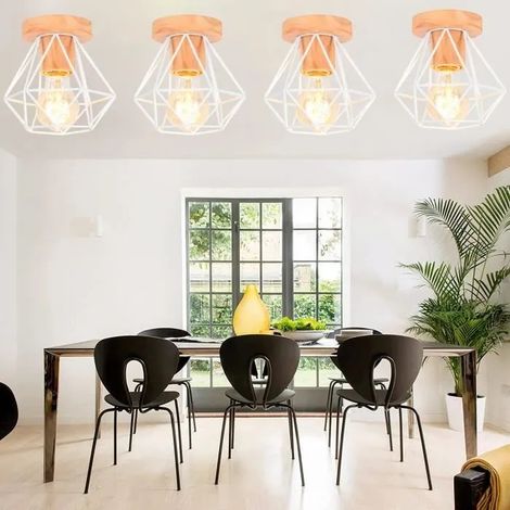 U-Do 4Pcs Plafonnier Créatif Lampe Cage en Fer Bois E27 Lustre de Plafonde Luminaire Blanc design Vintage pour Salon Cuisine Bureau (1/4)