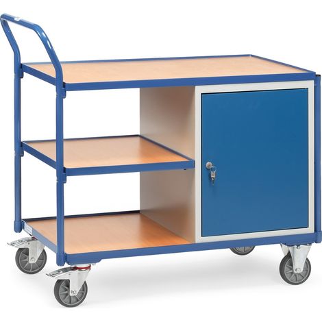 fetra Tischwagen, 3 Holz-Plattformen, Ladefläche 1000 x 600 mm, mit verschließbarem Stahlschrank (1/2)