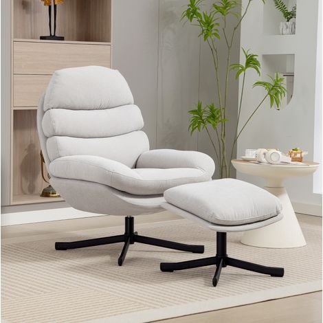 MEUBLIV Poltrona relax girevole con poggiapiedi in ciniglia bianco crema 78x93x100 cm (1/5)