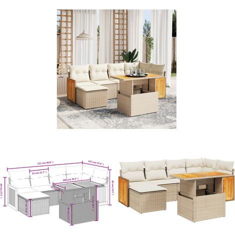 Salon de jardin avec coussins 7 pcs beige résine tressée - Ensemble Salon De Jardin - Mobilier Extérieur - Résine Tressée - Rotin Synthétique - Table Extensible - Home & Living (1/3)