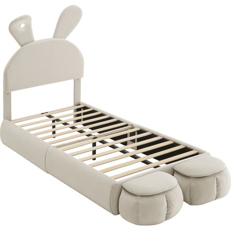 Letto bambino 90x200 cm in velluto beige con orecchie di coniglio, LED regolabile e 2 pouf (1/5)