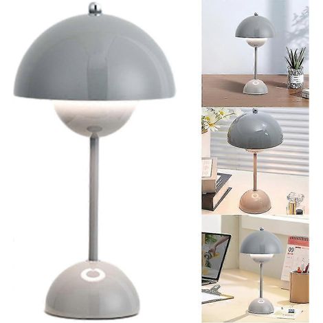 Lampe de table champignon style nordique, lampe macaron rechargeable, style vintage, tactile, à intensité variable, 3 couleurs LED, décoration chambre, bureau, lampe de chevet. Couleur : Gris. (1/2)