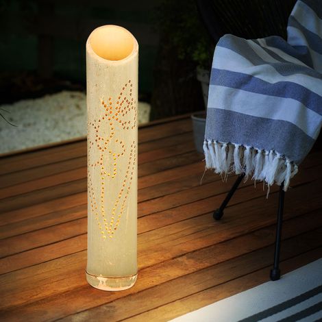 Lampe à brancher, bambou, lumière solaire, piquet, lampe en bambou, solaire, perforations décoratives, vert, LED blanc chaud, DxH 9x49,5 cm