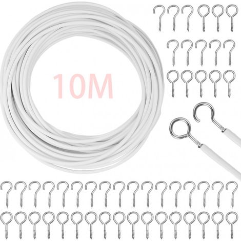 Cavo a spirale per tende - Molla di tensione - 10 m - Kit cavo a spirale - con fissaggi/accessori - Cavo per tende - con occhielli a vite e ganci - per aste per tende, tende, tende da doccia (1/5)