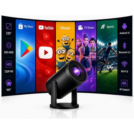 Vidéoprojecteur Compact, Home Cinéma Portable, Android 14, sans Fil Wi-FI 6 et Bluetooth 5.2, Prises HDMI/USB, Compatible 4K, Correction Keystone Auto (1/5)