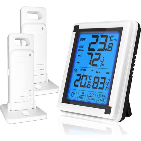 Hygromètre Numérique Thermomètre Extérieur sans fil Moniteur d'humidité avec 2 capteurs Hygromètre Thermomètre d'ambiance pour Entrepôt de bureau à domicile (2 capteurs) (1/5)