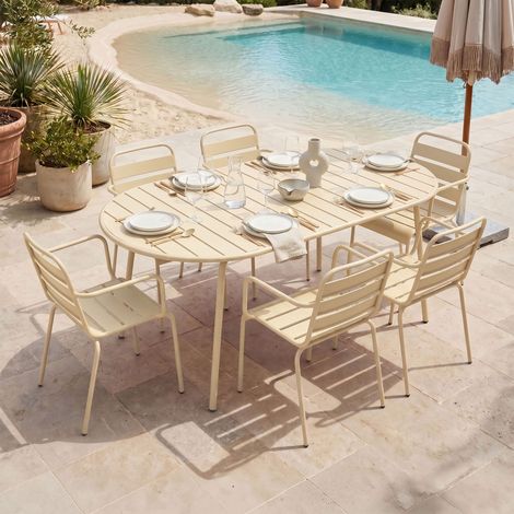 Ensemble table de jardin ovale + 6 fauteuils en métal crème - BACA (1/5)