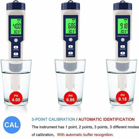 Misuratore elettronico 5 in 1: pH, TDS, EC, salinità, temperatura. Schermo LCD preciso. Adatto per acqua potabile, acquari, piscine. Colore B. (1/3)