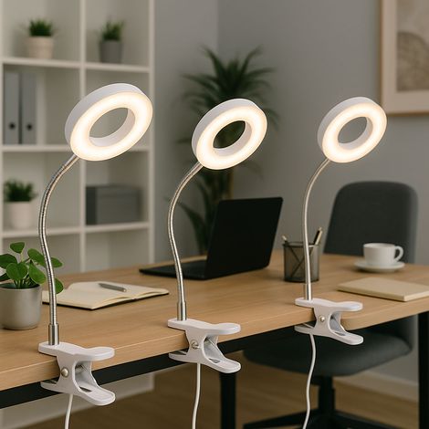 Lampada da tavolo lampada a morsetto bianco lampada da soggiorno LED con spina lampada da lettura, spot mobile, metallo, 1x LED 4W 330Lm 3000K, DxH 9x21 cm, set di 3