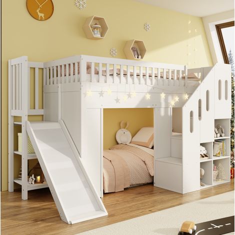 Cama alta infantil 90x200 cm con tobogán, escalera de almacenamiento y LED blanco HAVRYA (1/5)