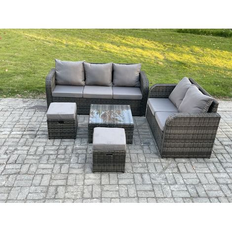 Fimous PE Rattan Garden Furniture Sets 7 Seater Outdoor Lounge Sofa Set Square Coffee Table 2 Small Footstools (1/5)