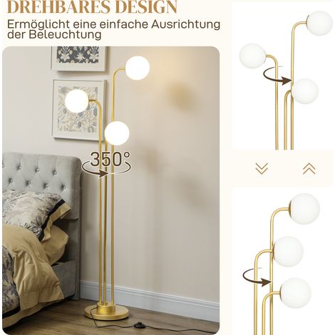 Lampadaire design 3 luminaires, interrupteur au pied, idéal salon ou chambre, 3 douilles E27, finition or