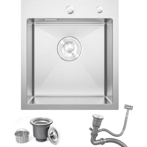 Évier de Cuisine,en Acier Inoxydable 304, 40 x 45 cm, Évier Inox Design Moderne avec 2 Trous pour Robinet, Bac à vaisselle Inclus Bonde d'évacuation et de Trop-plein, Fait à la main, Brossé (1/5)