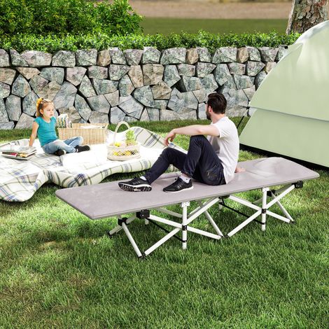 Lit de camp pliable avec matelas, bain de soleil et sac de rangement intégré. Dimensions : 185 x 65 x 37 cm (L x l x H). Gris. (1/5)