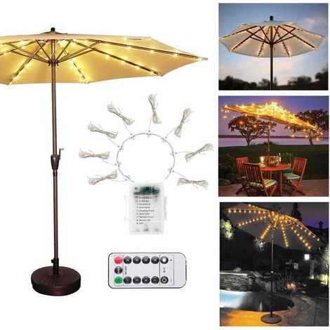 Guirlande lumineuse LED pour parasol de jardin avec télécommande et 10 attaches de câble pour éclairage du mât. Décoration de jardin (1/4)