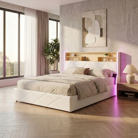Bett 140x200 cm, Stauraumbett, Leder-Optik, Air-Lift-Mechanismus, LED-Kopfteil, USB-Anschluss, modernes Design
