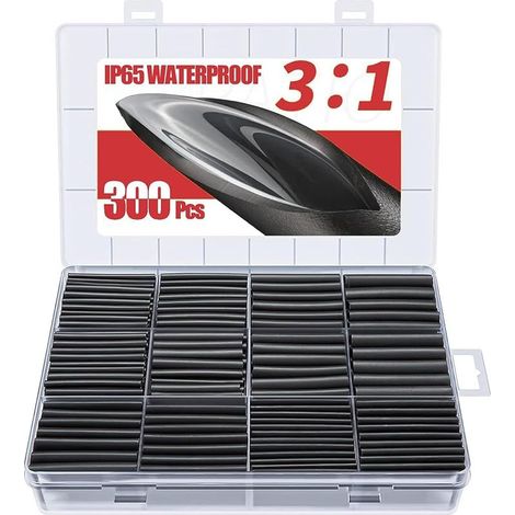 300 Pièces Kit de Gaine Thermorétractable Etanche Noire - 3:1 Tube Thermoretractable à Double paroi - Revêtement adhésif Gaine Thermo, Gaine Retractable (1/5)