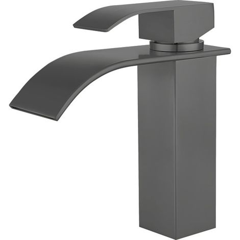 Wasserfall-Waschtischarmatur aus Edelstahl 304, Einlochmontage, Griff zur Öffnung von oben, grau.