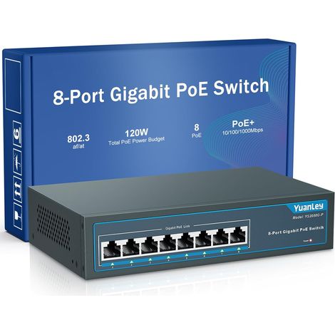 8 Port Gigabit PoE Switch, 8 PoE+ Port 1000Mbps, 120W 802.3af/at, Étendre la Fonction, Metal Fanless Unmanaged (1/5)