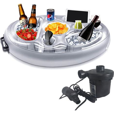 Plateau à boissons gonflable flottant – Grande capacité – pour piscines extérieures, plages, fêtes et spas (argenté + pompe électrique) (1/5)