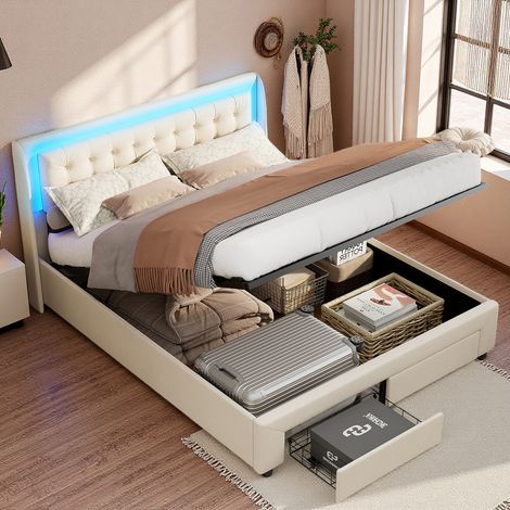 Lit 180x200 cm - tissu en velours - LED et 2 tiroirs - sommier - cadre de lit adulte 180x200 cm - Beige (1/5)