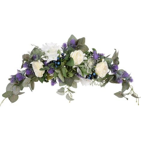 Corona de lavanda artificial para fiestas, bodas, decoración del hogar, decoración de paredes y ventanas, modelo premium, hecha de ratán de seda natural. (1/5)