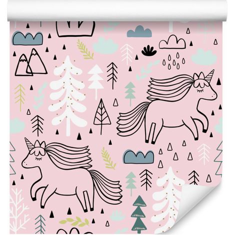 Papel pintado de unicornios frente a montañas, árboles y nubes para salón y dormitorio 50x1000 (1/5)