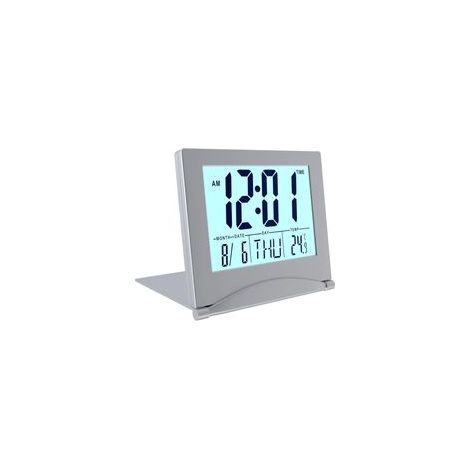 Réveil Numérique LCD Pliable avec Rétroéclairage, Horloge Digitale Table, Affichage du Jour, Date, Température, Argenté