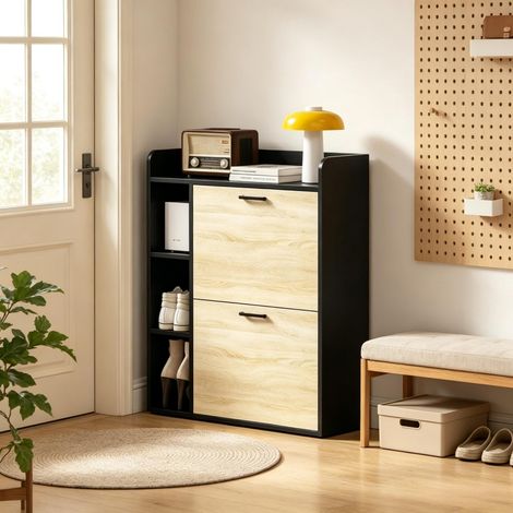 Entrée organisée avec ce meuble à chaussures 24 cm de profondeur, 15 paires, 2 abattants et plateau supérieur (1/5)