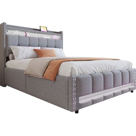 Letto Matrimoniale Contenitore 140 x 200 cm in Tessuto Grigio Chiaro, USB, LED e Ripiani, senza Materasso (1/5)
