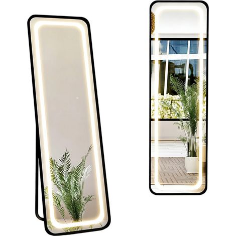 LED Ganzkörperspiegel 150×45 cm mit stufenlos dimmbarer Beleuchtung & 3 Lichtfarben, Touch‑Schalter, Schwarzer Aluminiumrahmen, Stand‑ oder Wandmontage, Moderner Spiegel für Flur, Schlafzimmer & Ankle (1/5)