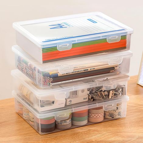 Lot de 4 boîtes de rangement en plastique A4 avec couvercle - Boîte à crayons portable avec couvercle - Boîte d'archivage portable avec fermeture hermétique - Empilable pour papier, papeterie, (1/5)