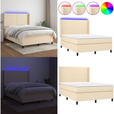 Cama box spring colchón y luces LED tela crema 140x190 cm - Colchón con luces LED - Cama con cabecero ajustable