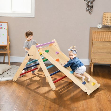 Triangle d'escalade en bois 3 en 1 avec rampe pour glisser ou escalader 147x64,5x63 cm Multicolore (1/5)