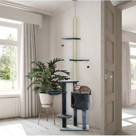 Arbre à chat en peluche et sisal gris foncé, multi-niveaux avec niche et couchage latéral, griffer, se reposer et grimper, 55 x 45 x 220-265 cm (1/5)