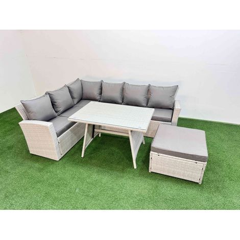 Fimous Garden Outdoor Rattan Furniture Set Rattan Corner Sofa Oblong Dining Table Set with Big Footstool Light Grey Mixed 7 Seater (1/4)