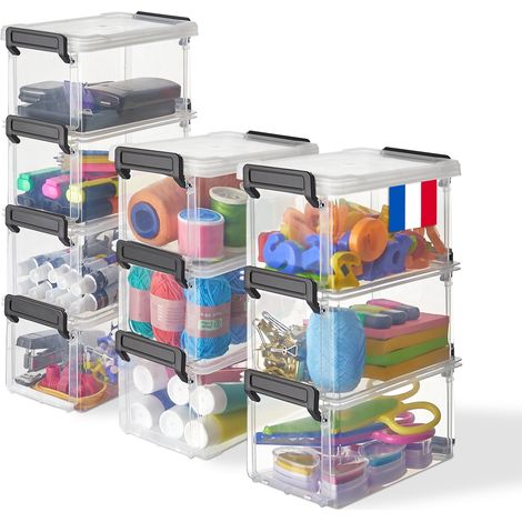 Iris Ohyama, Pequeñas Cajas de Plástico con Clips, 0.7L, Juego de 10, Transparente, Apilable, para Oficina, Escuela, Pequeños ArtÃculos, Libre de BPA, Papelera, Organizador, LLB-0.7